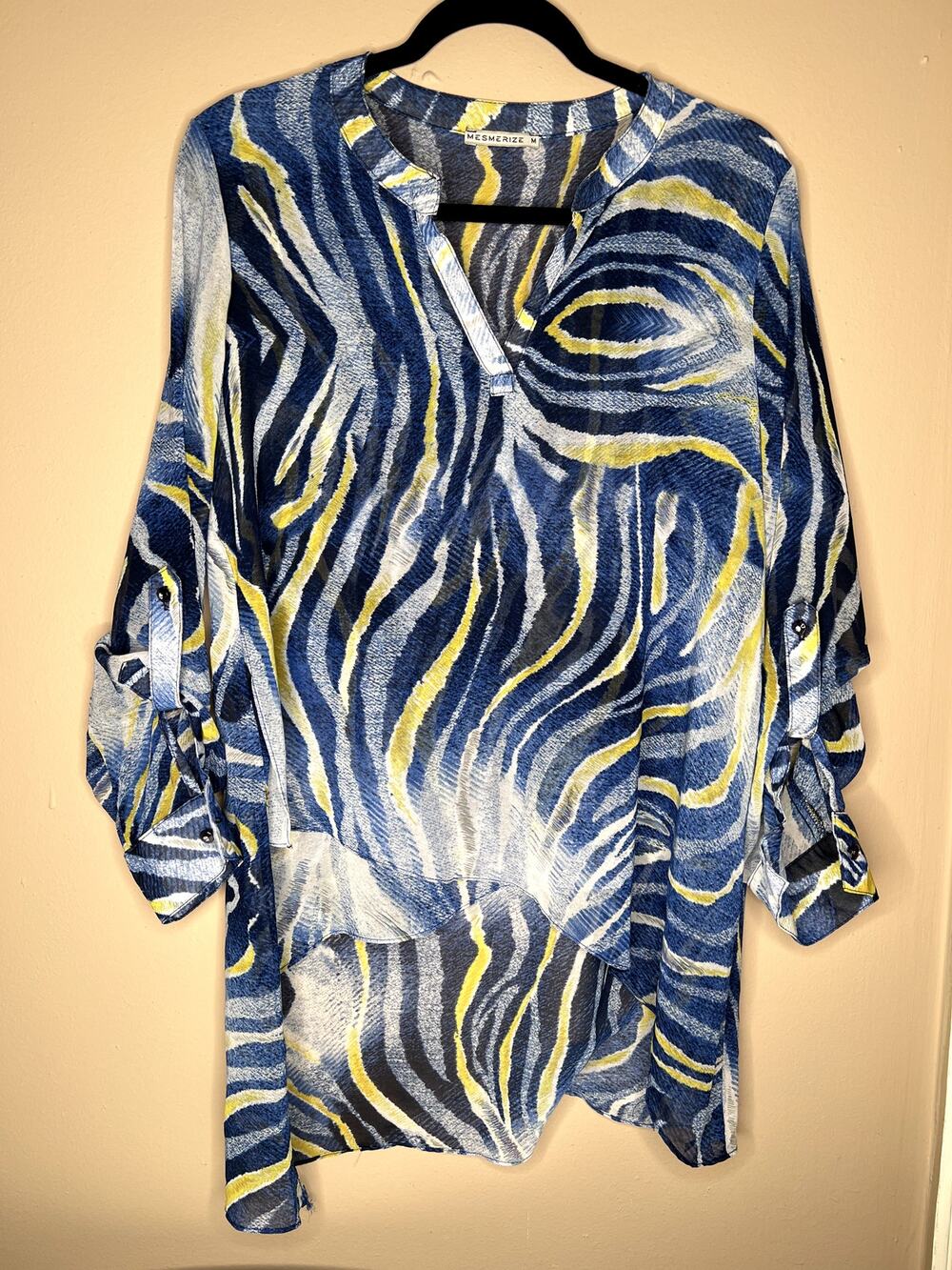 Mesmerize Blue Yellow Zebra Stripe High Low Tunic Blouse NWOT M Medium